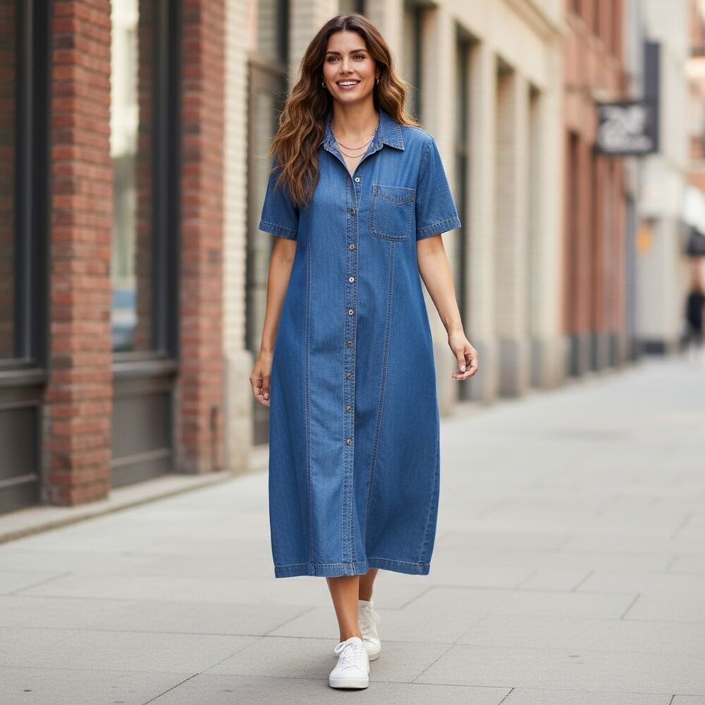 Faded Glory Denim Maxi Dress Jean Jumper 20W Modest Cottagecore Minimialist Farm